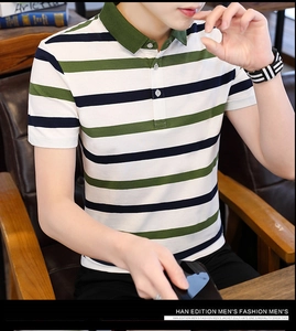 Detail of men's striped cotton Polo shirt featuring green collar and three-button placket