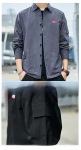 Detail of the workwear style sleeve pocket on a durable cotton long-sleeved shirt for men