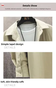 Detail view of khaki casual shirt featuring minimalist collar and soft comfortable cuffs