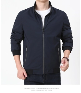 Close-up of navy blue jacket featuring a standing collar and premium metal zipper detail