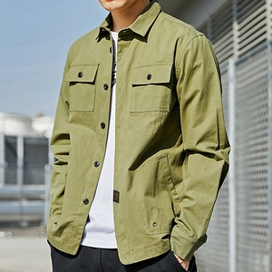 Men's olive green long sleeve cargo shirt jacket with dual chest pockets and casual fit