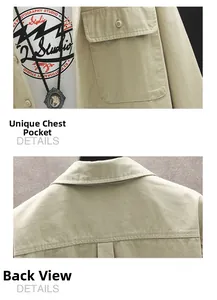 Detail view of khaki cotton utility shirt featuring a buttoned chest pocket and collar