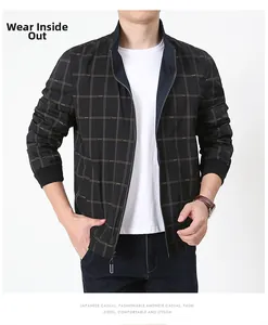 Detail showing reversible black jacket with light brown checks and standing collar design
