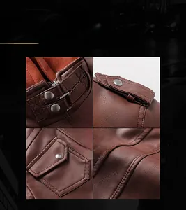 Détails d'une veste en cuir marron avec col à double bouton et coutures précises