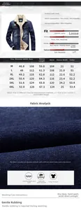 Size chart and fabric details for men's winter warm fleece lined denim jacket with fleece inner