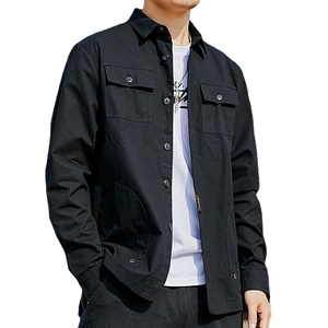 Men's black cargo long-sleeved shirt jacket with double chest pockets and lapel collar