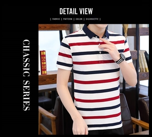 Detail view of cotton polo shirt featuring classic red, white, and navy horizontal stripes