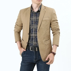 Slim fit khaki casual blazer for men featuring classic patch pockets and two-button closure