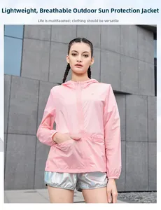 Close-up of lightweight pale pink hooded sun protection jacket with full zip and logo