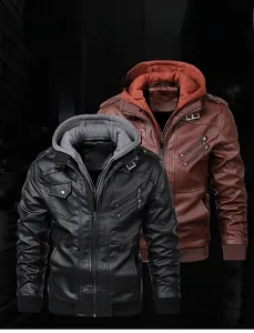 Vue détaillée des vestes à capuche en simili cuir pour hommes en noir et brun rouge