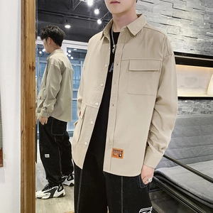 Men's Casual Long Sleeve Workwear Shirt Solid Color Cotton Loose Fit Turnover Collar Top With Pockets For Spring Autumn