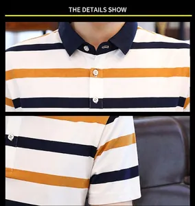 Men's striped cotton Polo shirt with navy collar and three-button placket detail