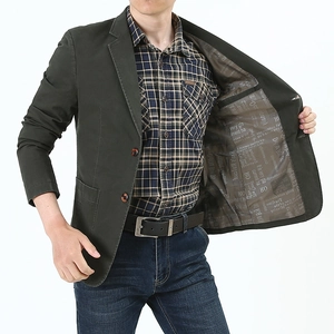 Men's slim fit casual olive green blazer jacket with plaid shirt and jeans