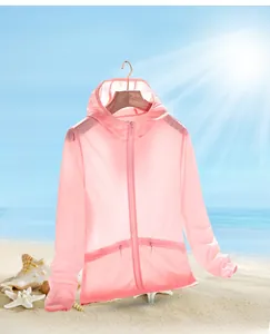 Detail of pink lightweight sun protection jacket with SPF40 rating and hood design