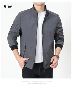 Detail view of a grey reversible stand-collar jacket with functional zipper pockets