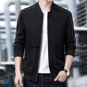 Slim fit black men's casual jacket with stand collar and white contrast stitching detail