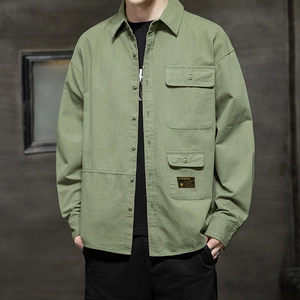 Men Cargo Shirt 100% Cotton Long Sleeve Loose Fit Casual Button Down Top Multi Pocket Lapel Work Shirt Fashion Outwear