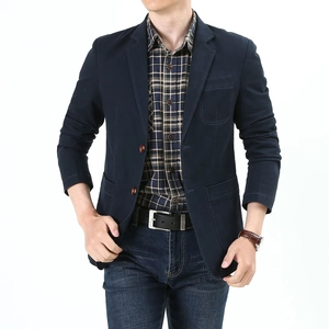 Navy blue men's casual slim fit denim suit jacket with notch lapel and patch pockets