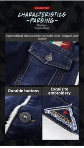 Close-up of winter denim jacket with fleece lining, metal buttons and star embroidery