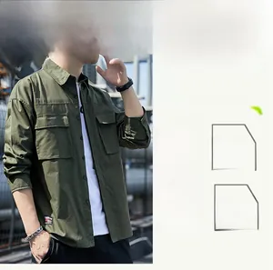 Detail shot of army green long sleeve cargo shirt with symmetrical flap chest pockets