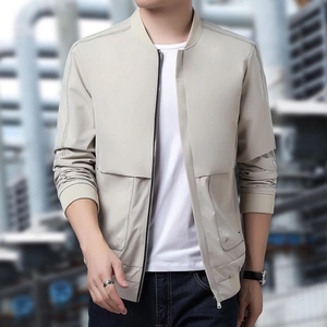Slim fit men's casual beige jacket with stand collar and front zipper closure