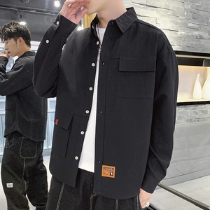 Men's casual long sleeve shirt in black with tactical pockets and stylish brand labels