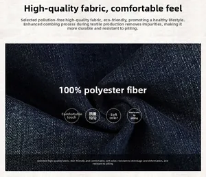 Detailed macro view of deep blue denim fabric texture showing 100% polyester fiber weave