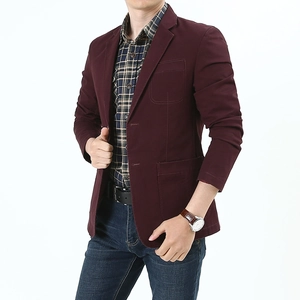 Men's slim fit burgundy cotton blazer with patch pockets and two buttons