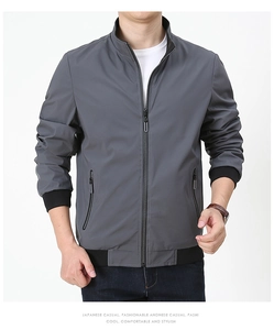 Detailed close-up of a men's dark grey jacket featuring a stand collar and ribbed cuffs