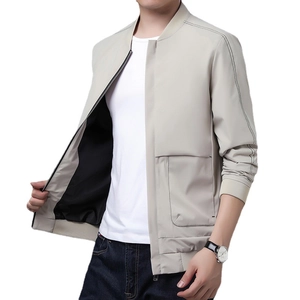 Slim fit light grey men's jacket with baseball collar and side stripe details