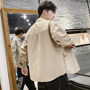 Men's khaki casual long sleeve work shirt with back pleats and side pocket detail