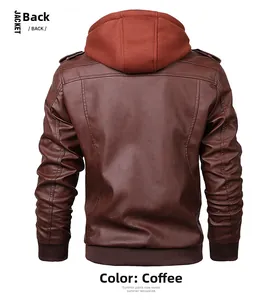 Vue arrière d'une veste pour homme en similicuir marron café avec capuche contrastée