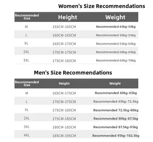 Detailed size chart for summer sun protection clothing with height and weight metrics