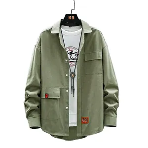 Men's khaki long sleeve utility shirt with cargo pockets and studio print t-shirt