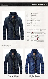 Detailed size chart and fabric composition for cotton blend denim jacket in blue shades