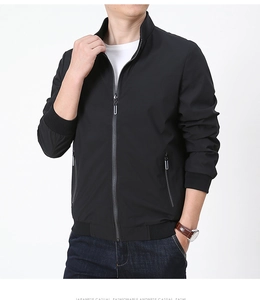 Detail view of rib-knit stand collar and zipper on black minimalist bomber jacket