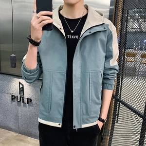 Men's Casual Hooded Jacket Color Block Windbreaker Patchwork Zip Up Outerwear For Spring Autumn Youth Fashion Coat
