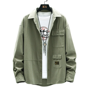 Army green long sleeve workwear shirt jacket with pocket detail and lapel collar