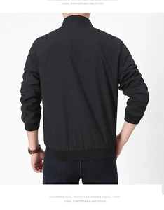 Rear view of black windproof jacket showing rib-knit cuffs and stand collar detail
