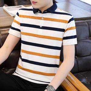 Men Stripe Polo Shirt Cotton Breathable Casual Short Sleeve Summer Top Slim Fit Fashion Business Lapel Polo Tee