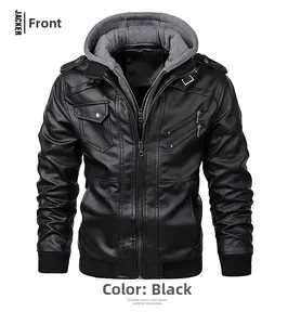 Détail de la veste en cuir noire avec capuche grise et poches zippées sur la poitrine