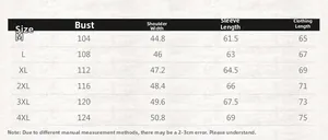 Detailed size chart for men's outdoor denim jacket with measurements from M to 4XL