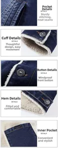 Detailed macro view of fleece lining, reinforced stitching and metal buttons on denim jacket
