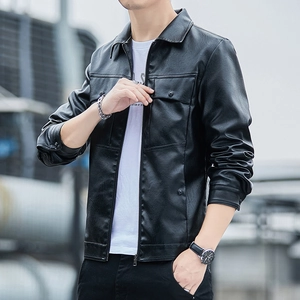 Men Casual PU Leather Jacket Slim Fit Motorcycle Jacket Lapel Zipper Multi Pockets Autumn Winter Windproof Faux Leather Coat