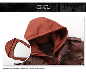 Détails de la capuche amovible et texture mate sur la veste en cuir marron pour homme