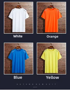 Detailansicht von vier atmungsaktiven Sommer-T-Shirts in Weiß, Orange, Blau und Gelb