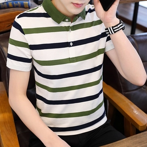 Men's striped cotton short sleeve polo shirt with classic green knit collar and casual fit