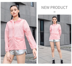 Detail of pink lightweight hooded sun protection jacket with full zipper and F-logo print