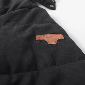 Men's winter puffer jacket with stand collar and a brown leather 'FASHION SPORT' patch