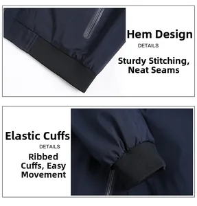 Detail of ribbed elastic cuffs and hidden zipper pockets on navy blue casual jacket